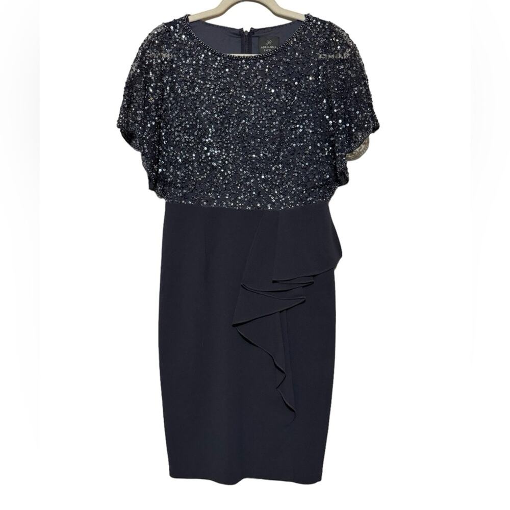 Adrianna Papell Blue Beaded Sequin Ruffle Formal Pencil‎ Dress Women’s Size 4